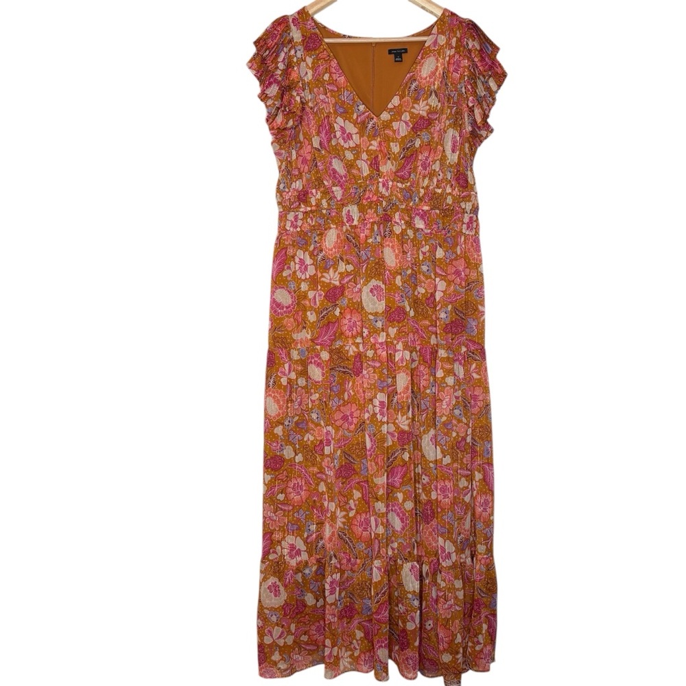 Ann Taylor Shimmer Batik Floral Flutter Sleeve Maxi Dress sz 14